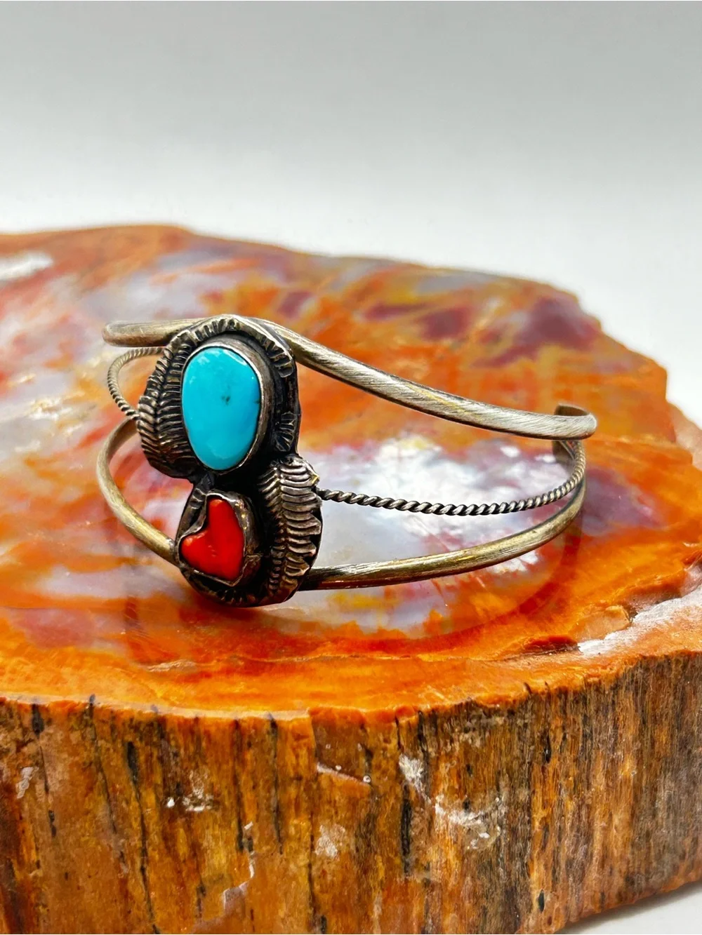 Southwest Sterling Silver Bangle Bracelet / Cuff, turquoise and coral stones